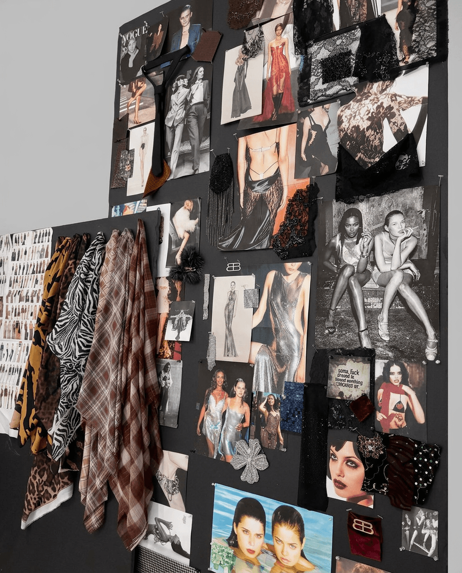 A fashion mood board with photographs and fabric swatches in various textures and colours.