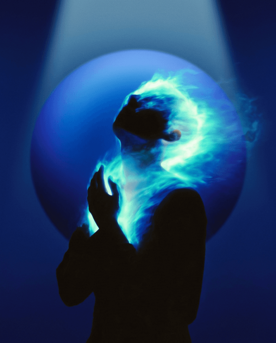 A silhouetted figure in a prayer pose with blue flames on a deep blue background.
