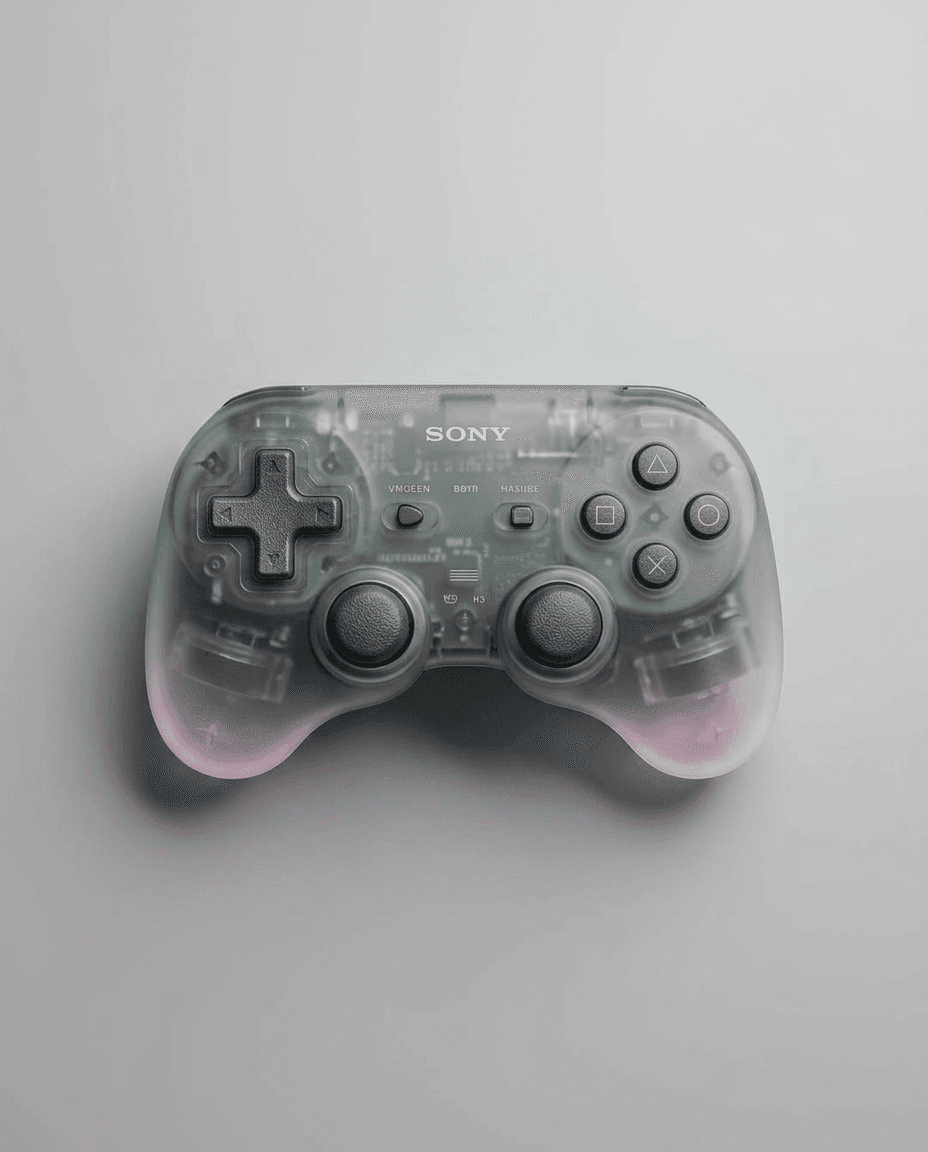 Translucent Sony gaming controller on a minimalistic grey background.