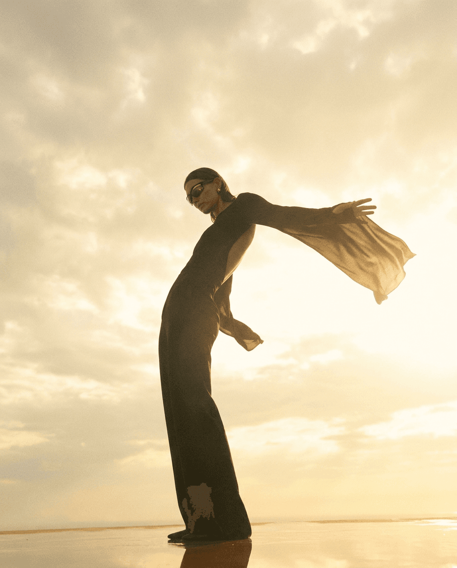 A model in a black outfit poses against a golden sunset.