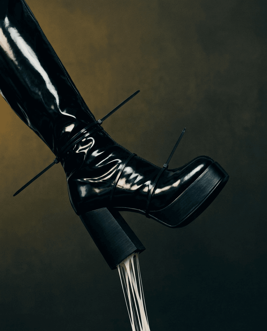 Glossy black platform boot with white liquid flowing from its sole on a muted background.