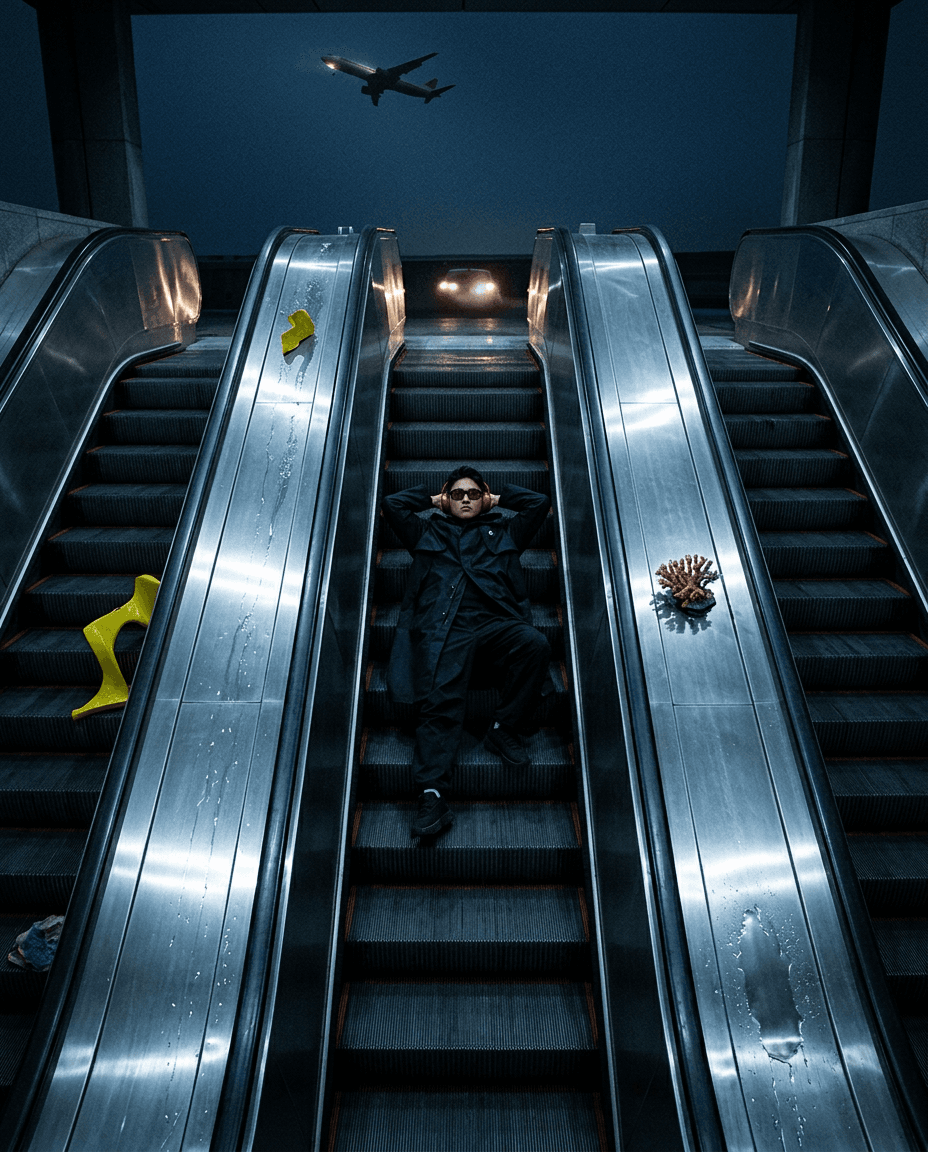 A figure lying on an escalator at night with yellow shoes and flowers around.