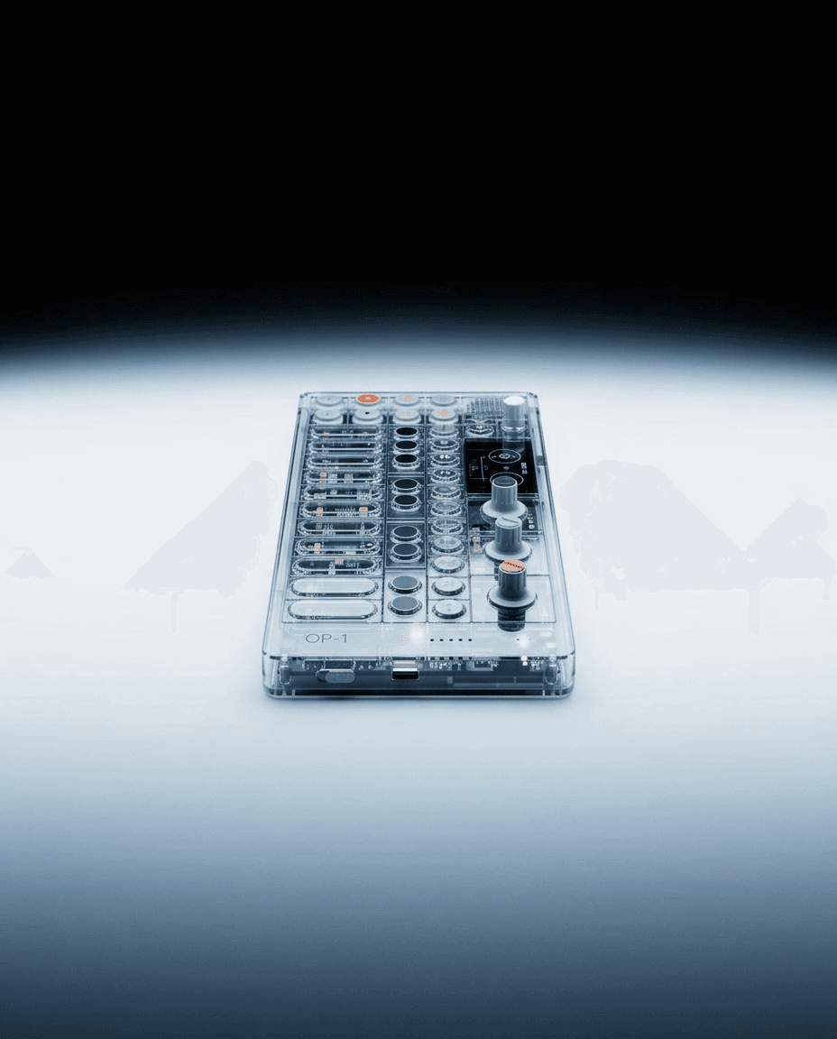 A transparent synthesizer with buttons and dials on a gradient backdrop.