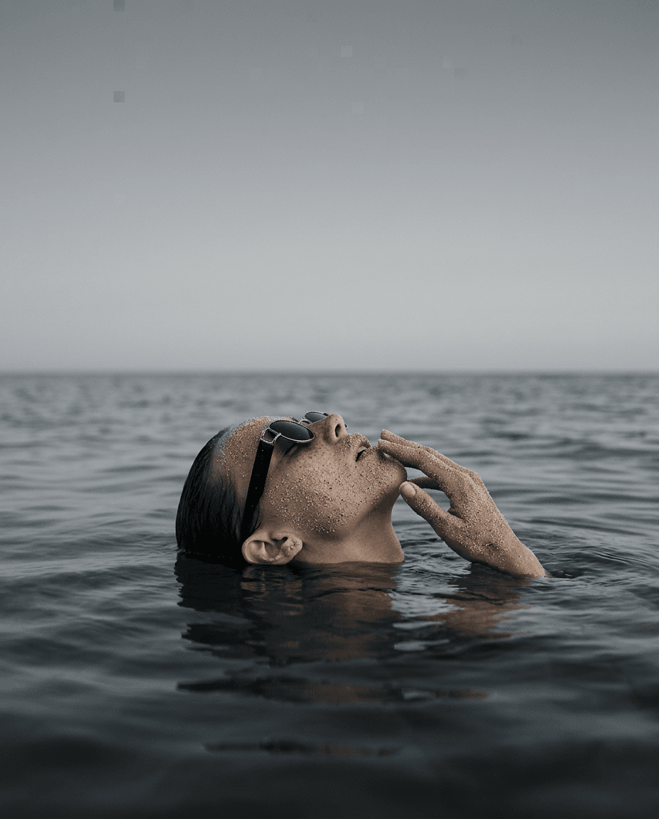 Individual floating in calm waters with glitter on their skin.