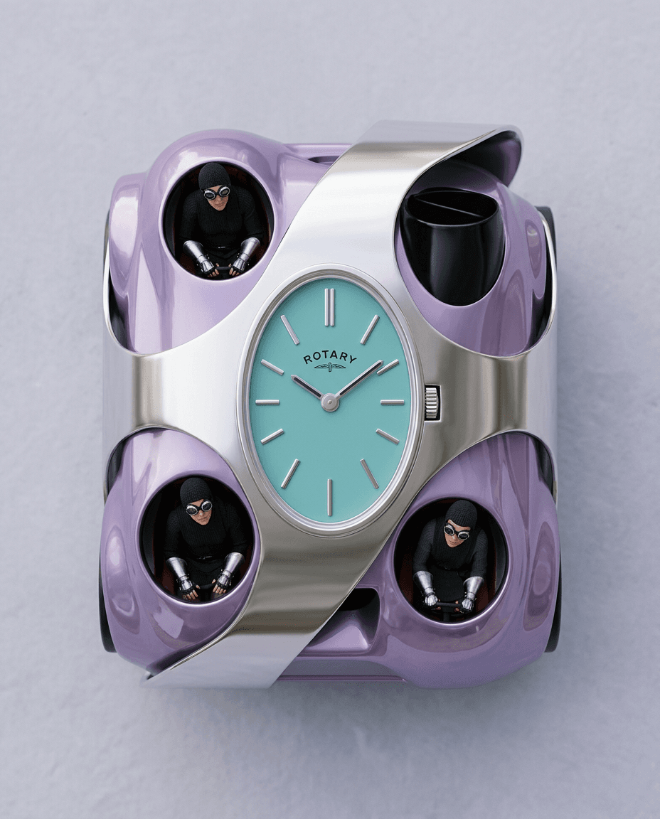 Illustration of a quirky watch with a mint green dial and purple casing with cartoon burglars.