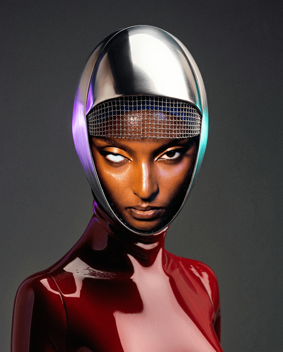 Model wearing a metallic helmet and glossy red latex outfit.