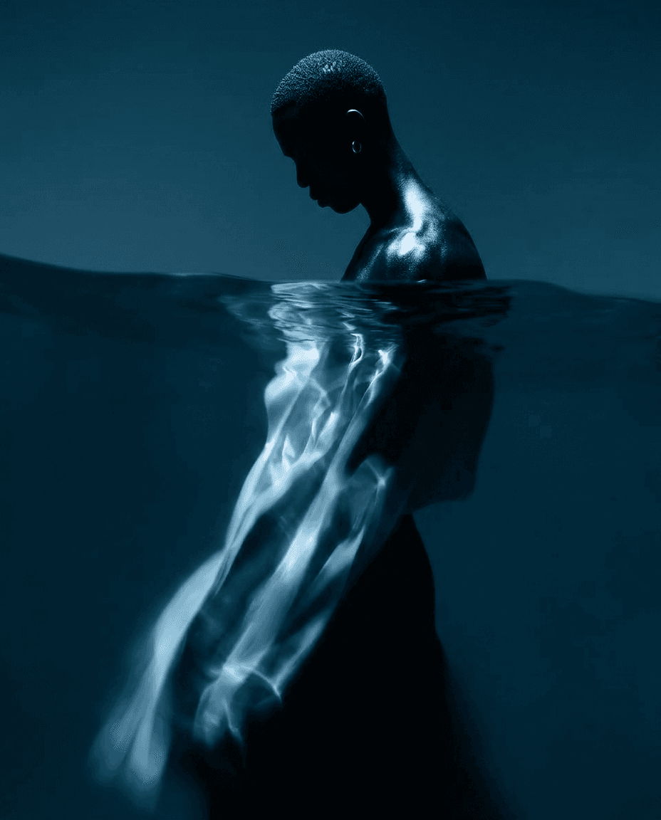 A figure underwater with flowing fabric in dark water, creating a serene atmosphere.