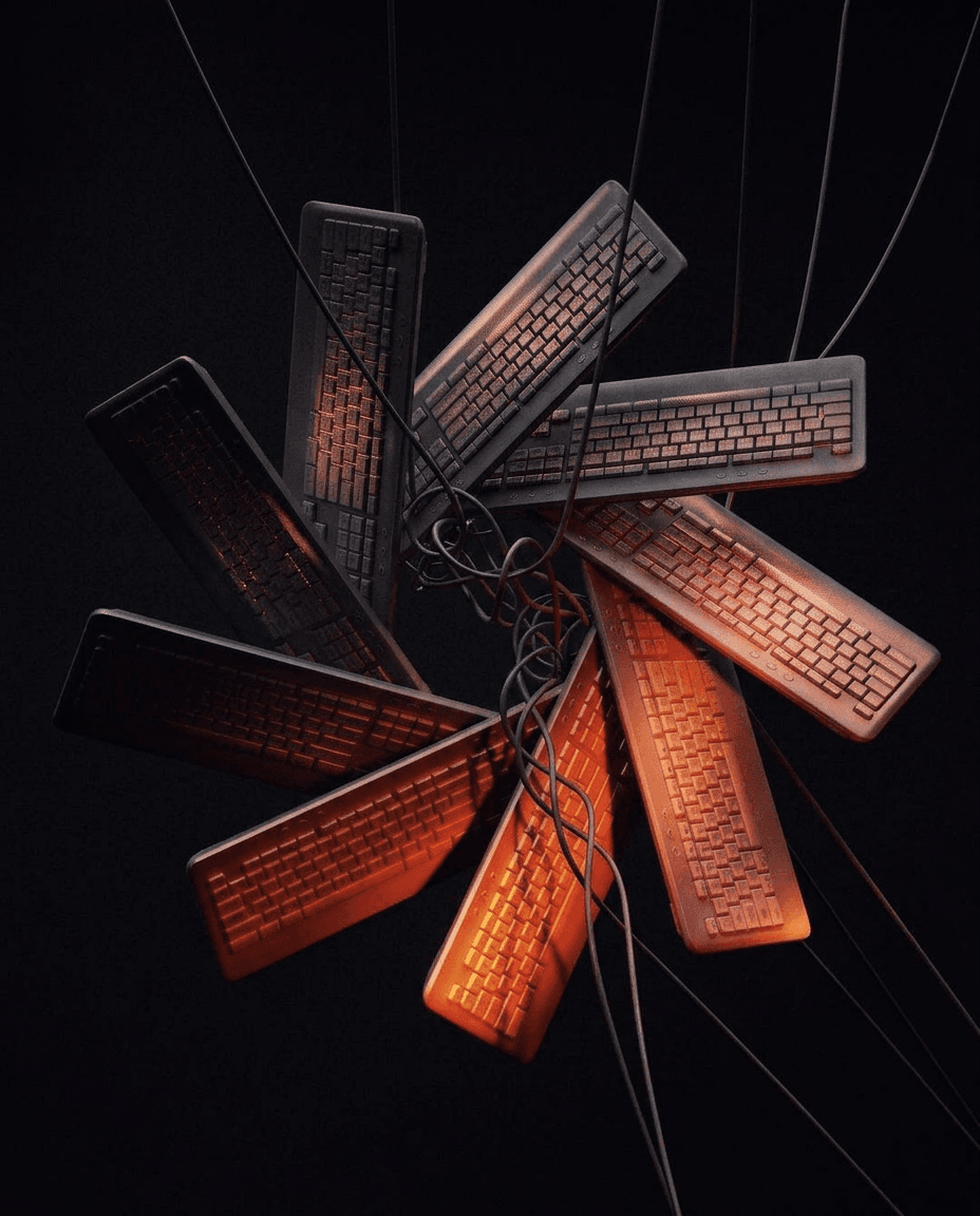 Digital illustration of black keyboards and cables on a dark background.