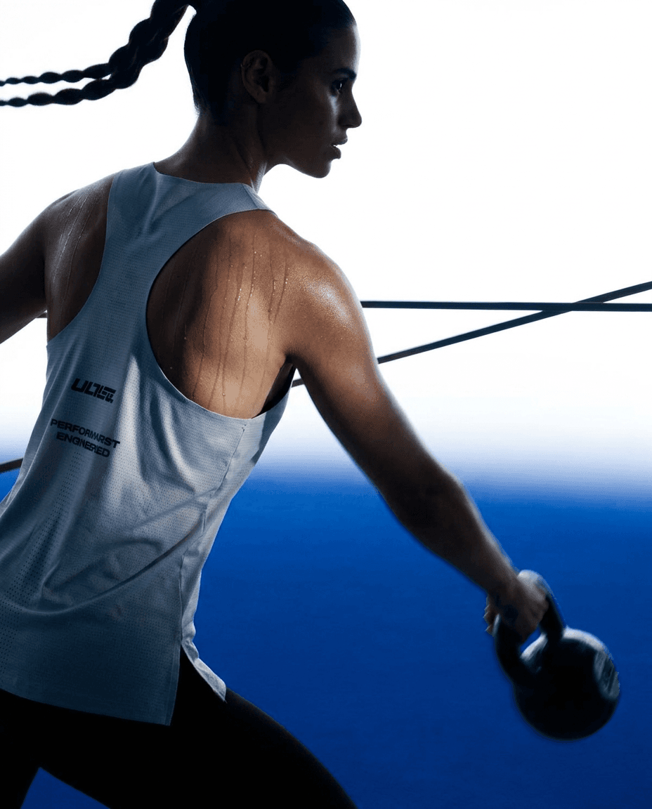 A woman in athletic wear lifts a dumbbell, set against a blue and white background.