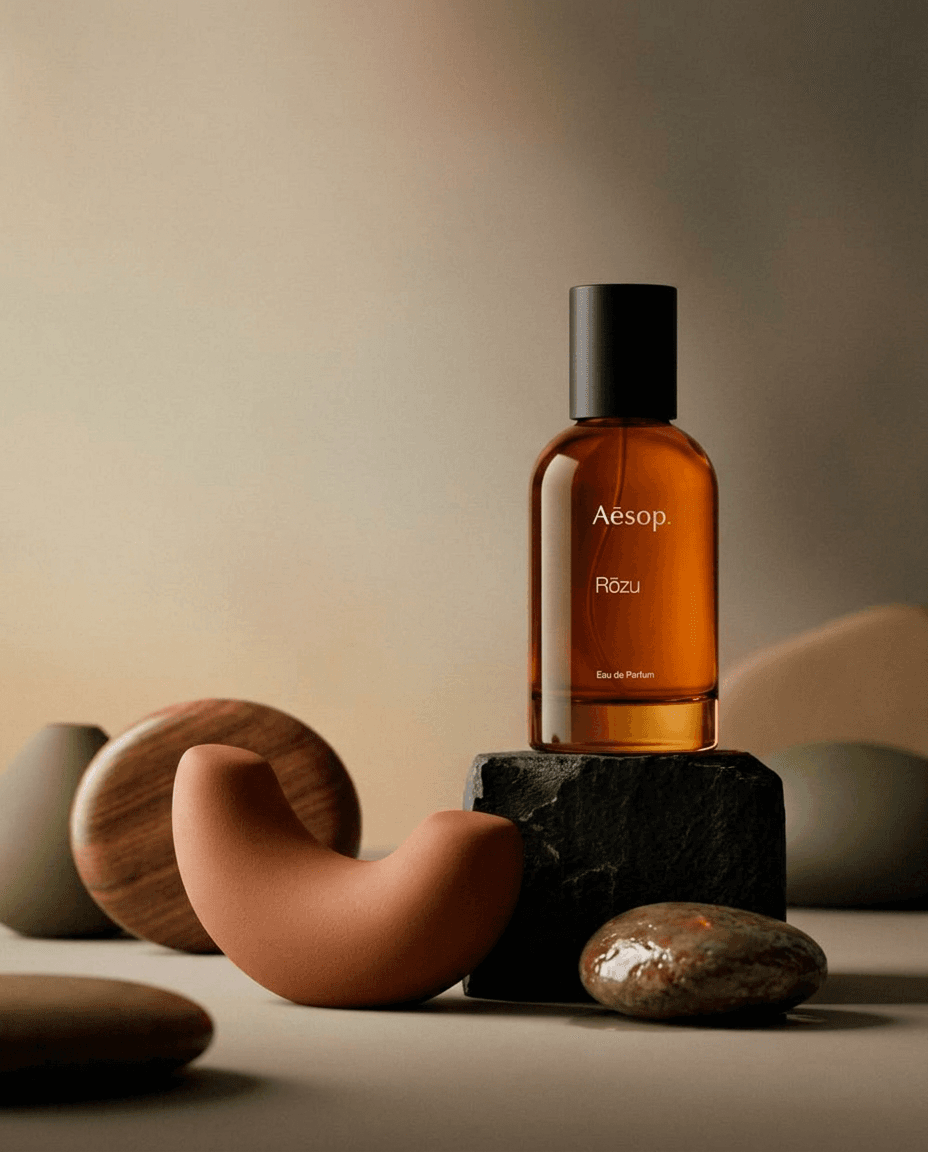 Aesop Rözü Eau de Parfum bottle on a surface with stone and clay textures.