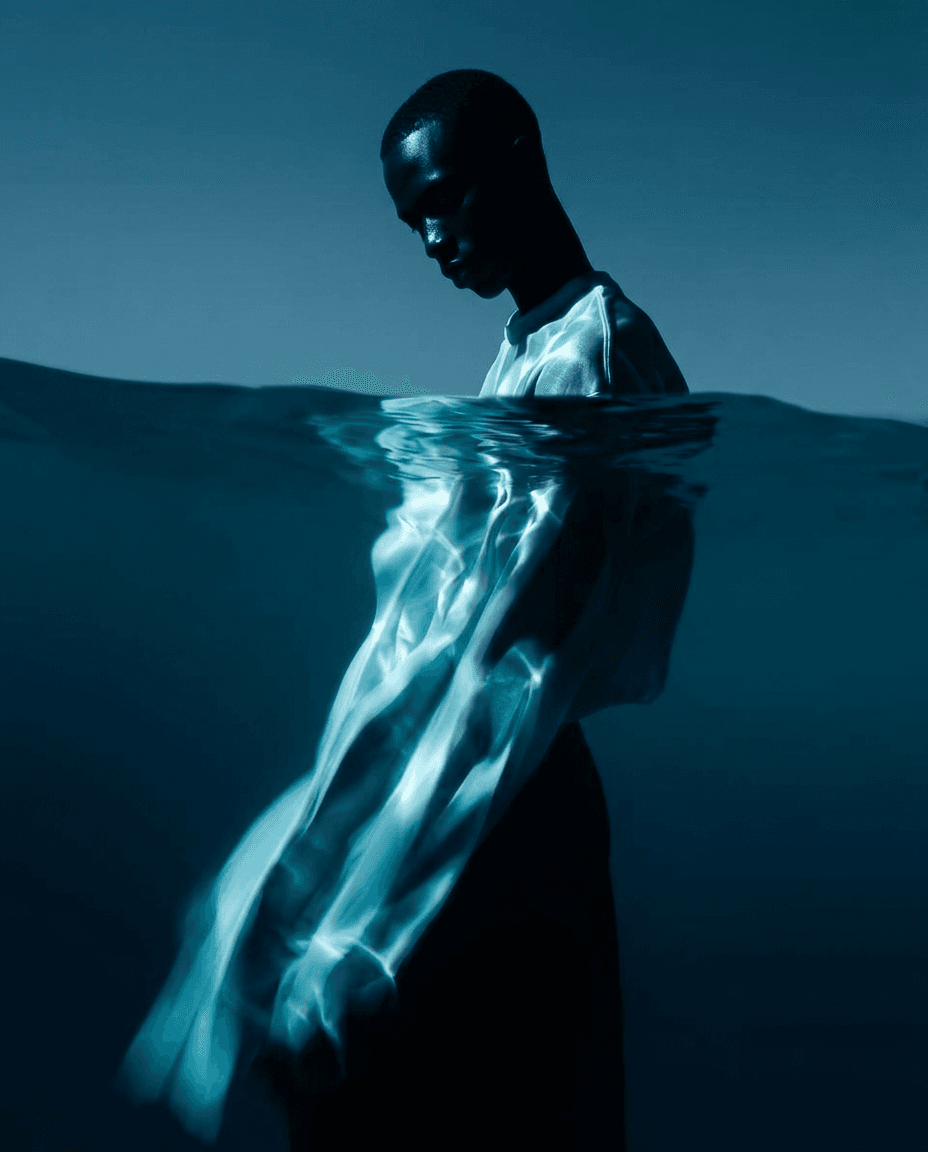 A figure partially submerged in deep blue water with ethereal light reflections.
