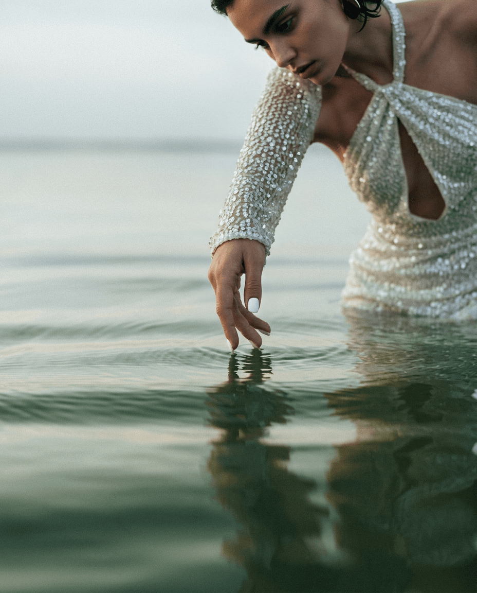Model in a beaded white dress reaching into calm water.