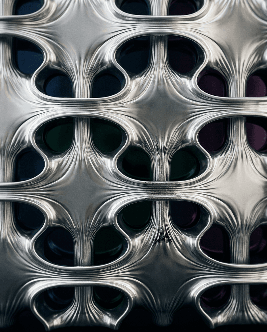 Close-up of a metallic surface with organic patterns in silvers, blues, and purples.