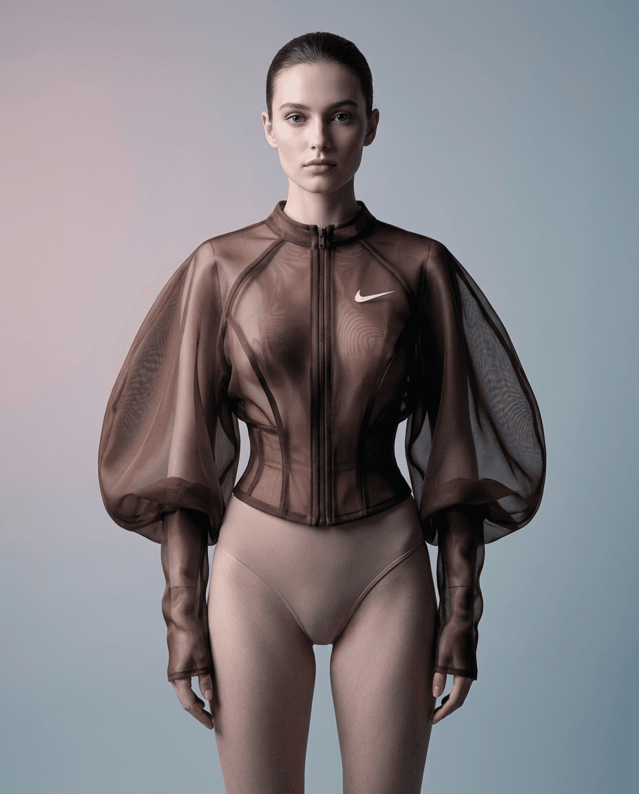 A model wearing a sheer brown Nike jacket and a neutral bodysuit, with a soft gradient background.