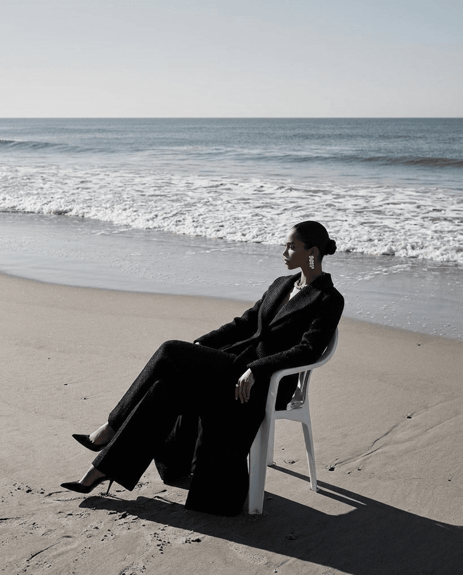 A woman in a black outfit sitting on a plastic chair by the ocean.