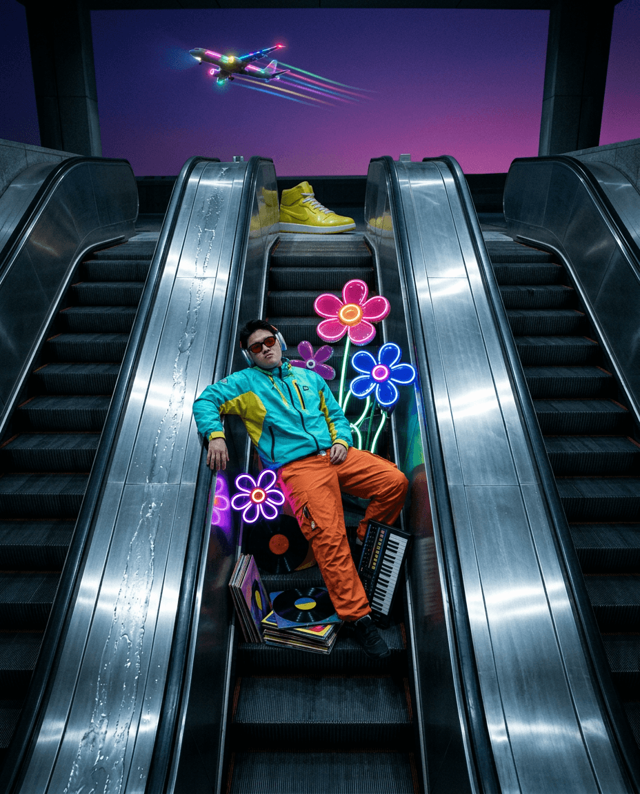 A person lounging on an escalator with colourful neon flowers and retro items in a purple sky setting.