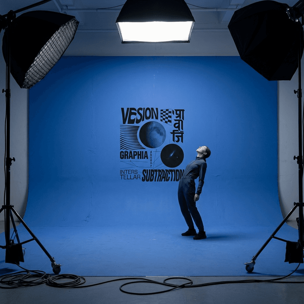 A person in a dark jumpsuit leans against a blue background with studio lights.