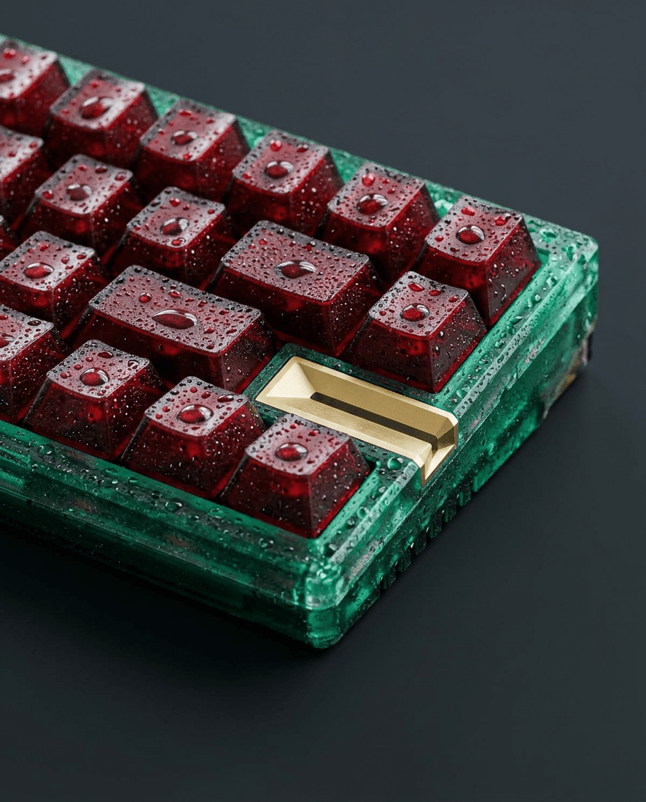 Close-up of a glossy keyboard with burgundy keys and water droplets on a dark background.