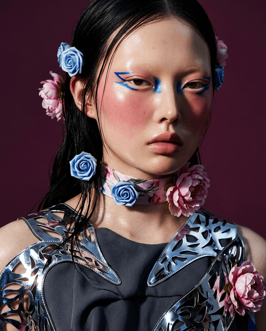 A model with blue eye makeup, metallic elements, and floral accents in deep purples and pinks.