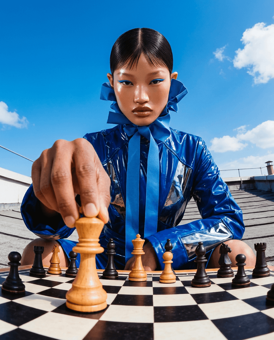 Model in a shiny blue outfit on a rooftop chessboard with vibrant colours.