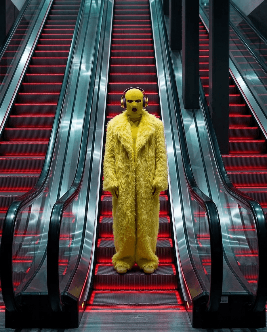 A person wearing a yellow fur coat on an escalator with red neon lights.