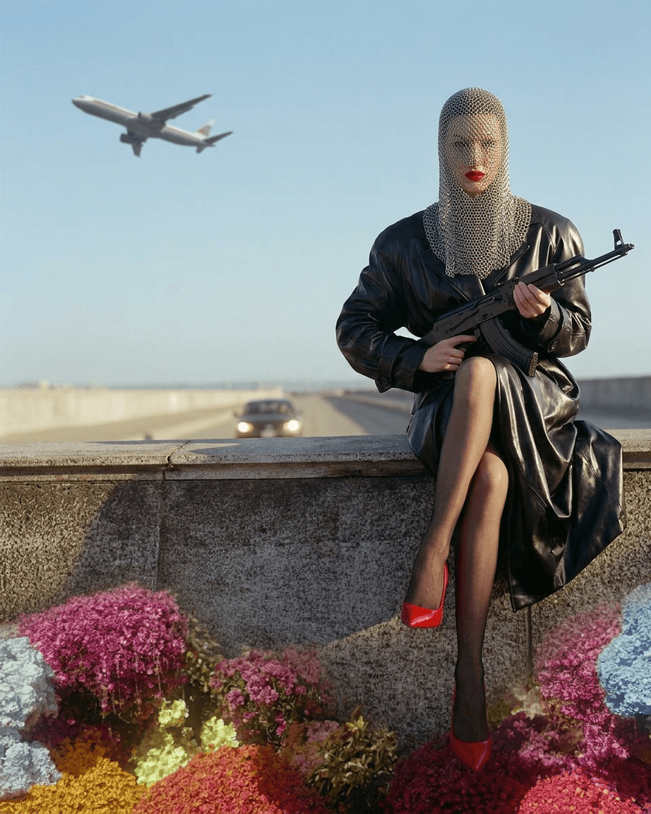 Woman in a black leather coat and netted head covering holds a rifle, with flowers and a plane in the background.