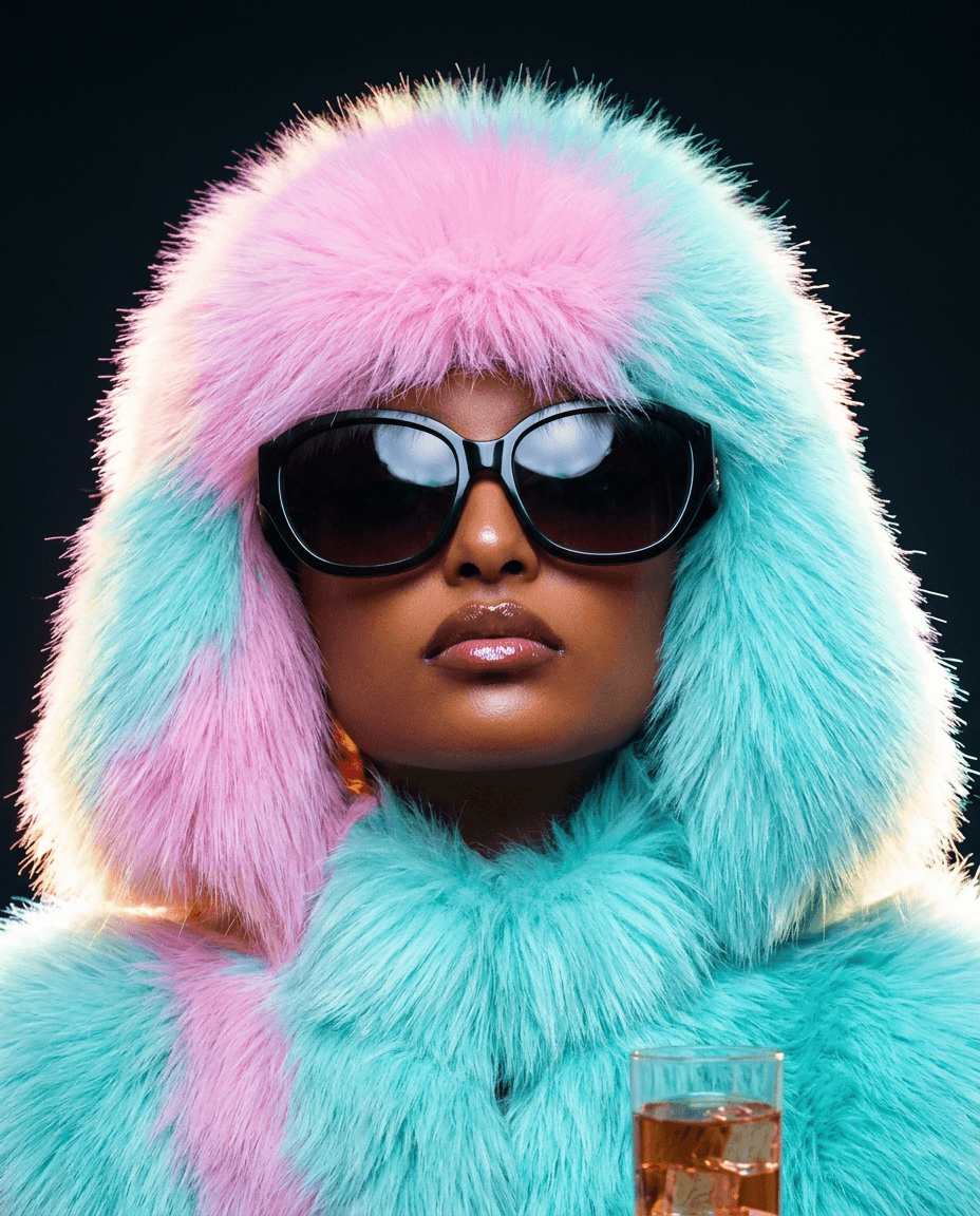 A model wearing a pastel faux fur hood and oversized sunglasses in soft pink and aqua blue.