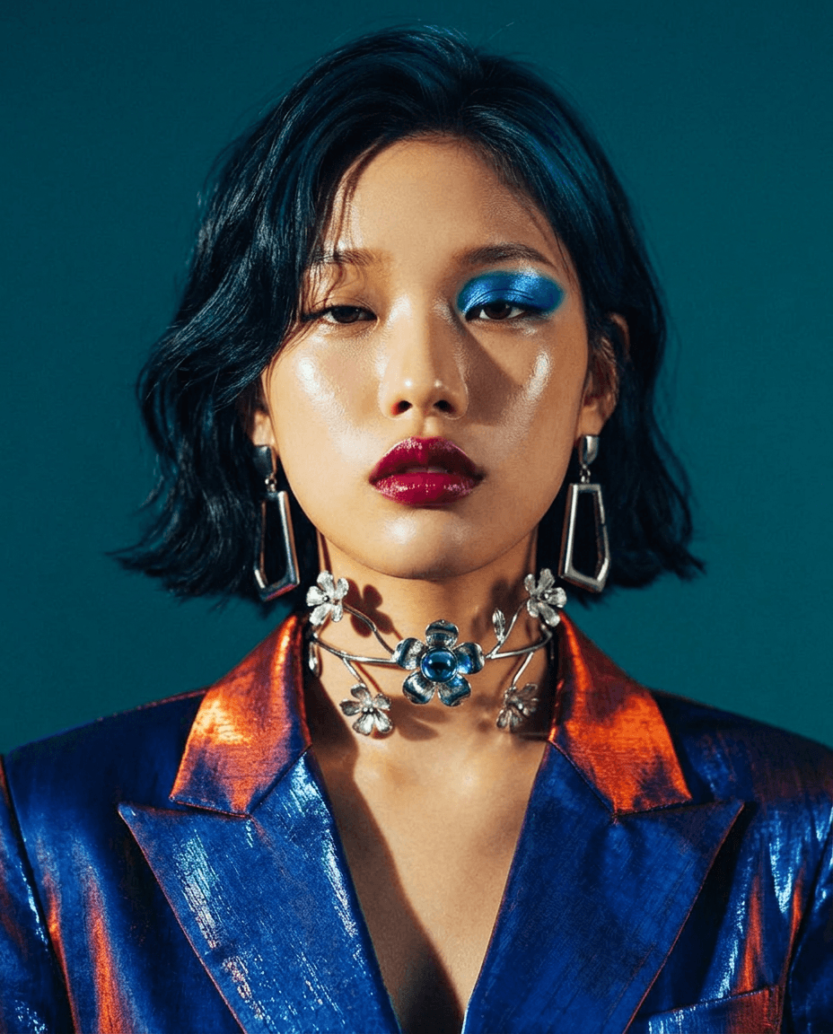 Portrait of a model with a bob hairstyle, bold blue eyeshadow, and deep red lips, wearing a metallic blue and orange blazer.