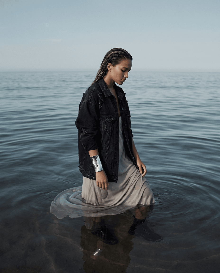 Model in a beige dress and black denim jacket stands in shallow water.