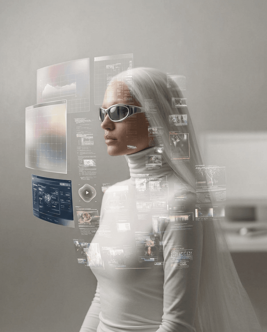 A woman with long white hair and sunglasses surrounded by holographic screens.