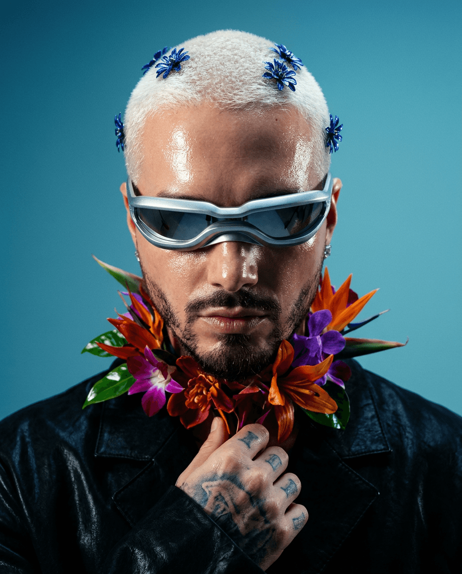 Portrait of a man with a buzz cut, blue flowers, sunglasses, and a floral necklace on a blue background.