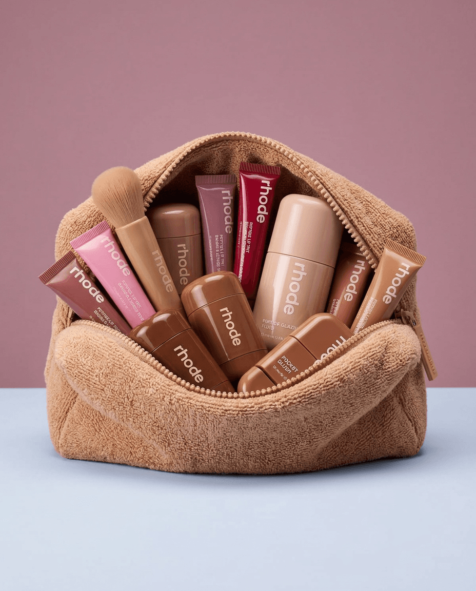 Beauty products arranged in a tan makeup bag on a pink backdrop.