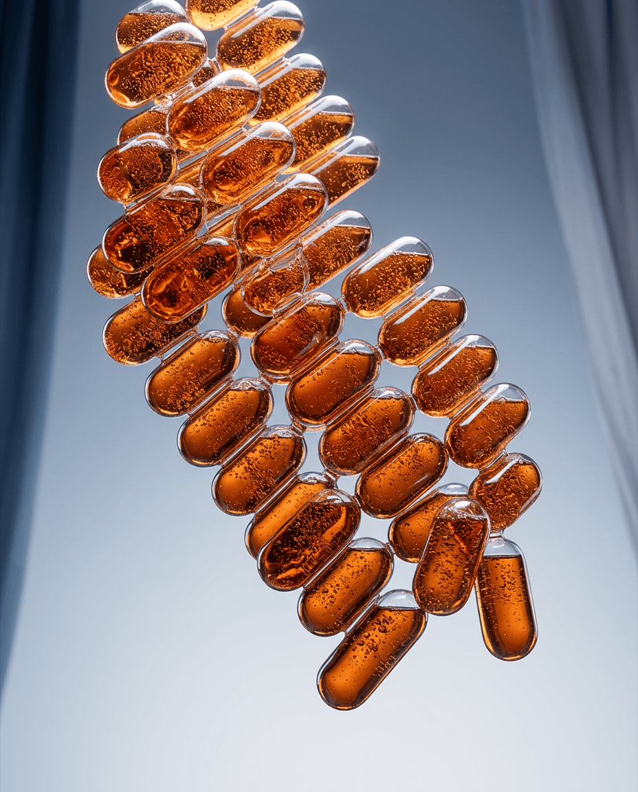 Translucent capsules filled with amber liquid on a blurred background.