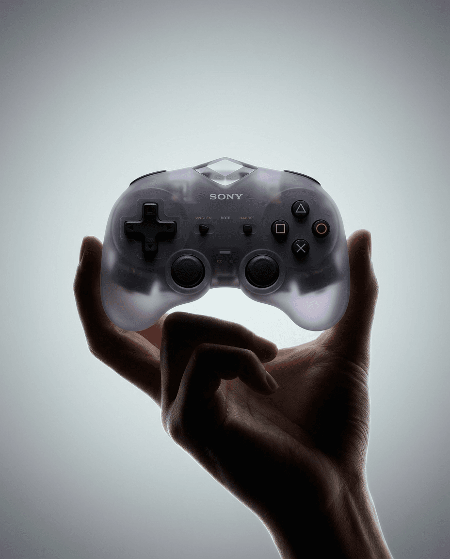 Translucent Sony game controller held against a softly lit background.