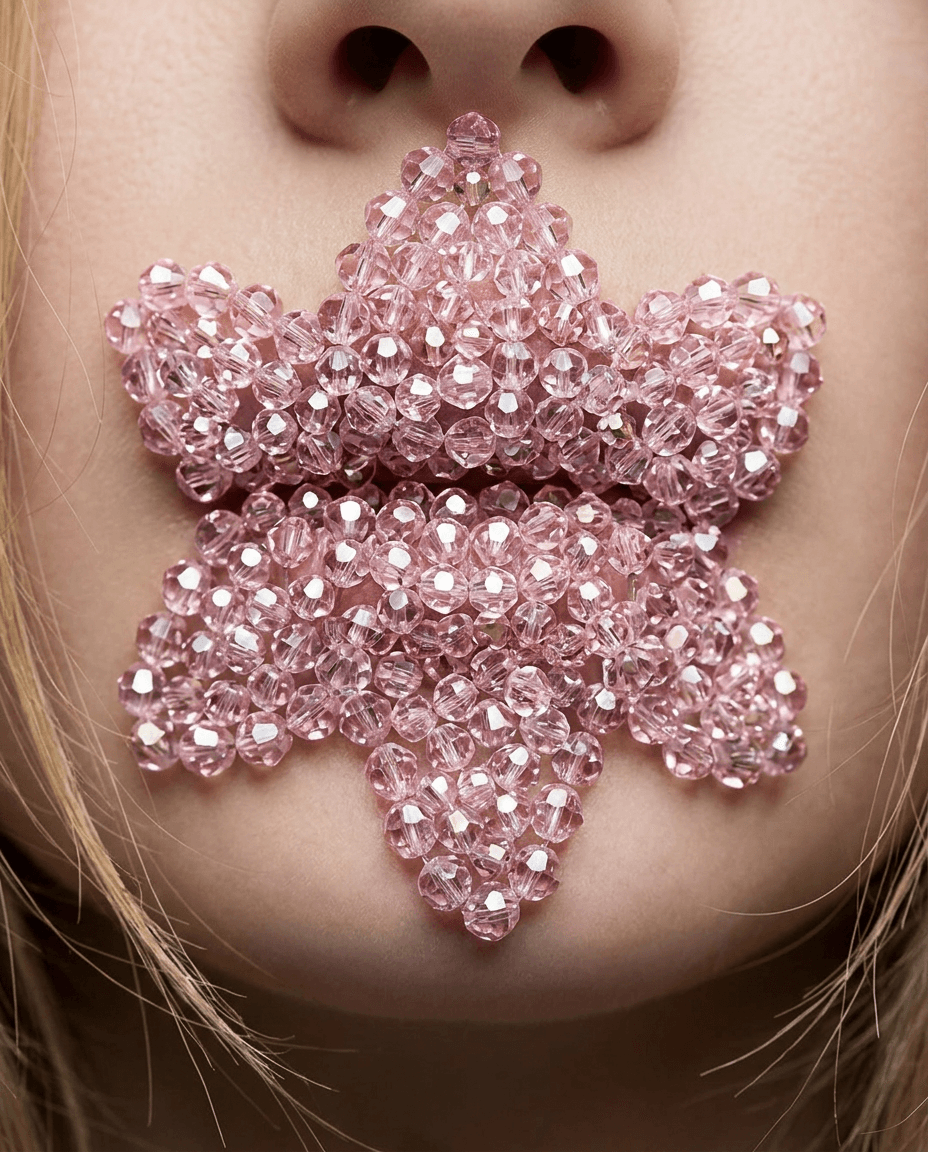 Close-up of a child's face with a pink beaded flower over their mouth.