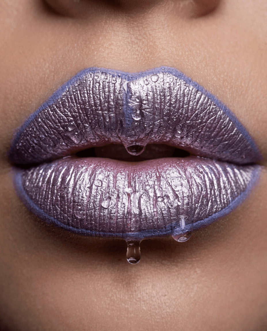 Close-up of lips with iridescent purple lipstick and water droplets.