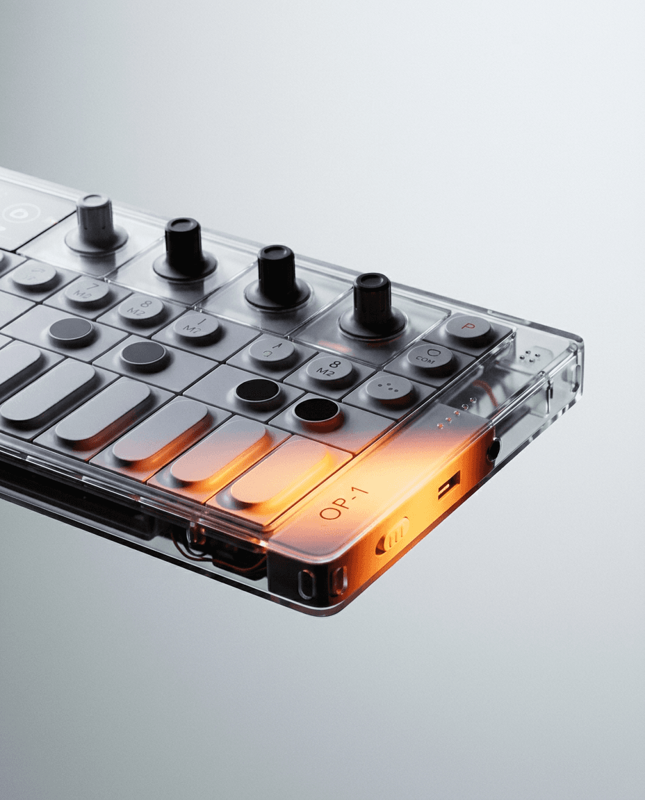 A transparent synthesizer with illuminated buttons on a monochromatic background.