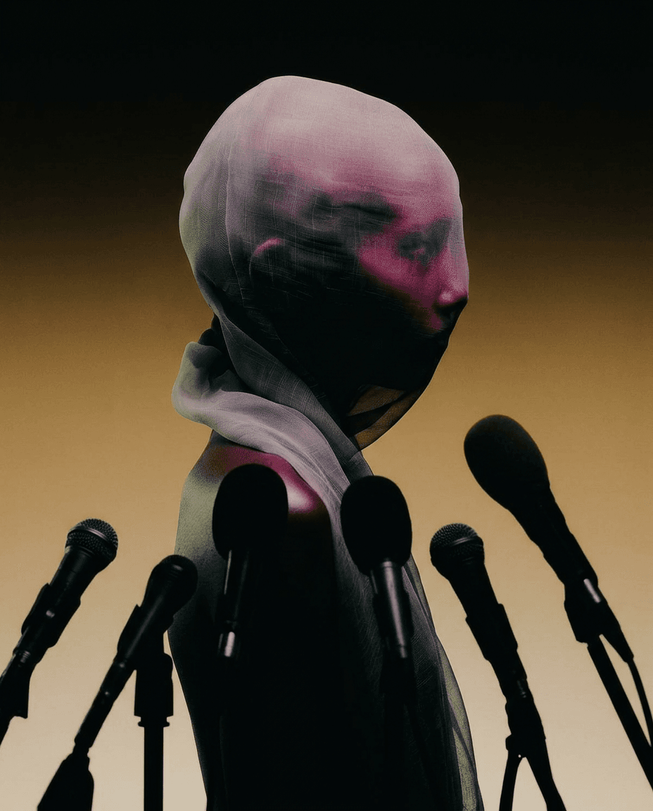 A figure in a sheer veil with microphones, set against a warm gradient background.