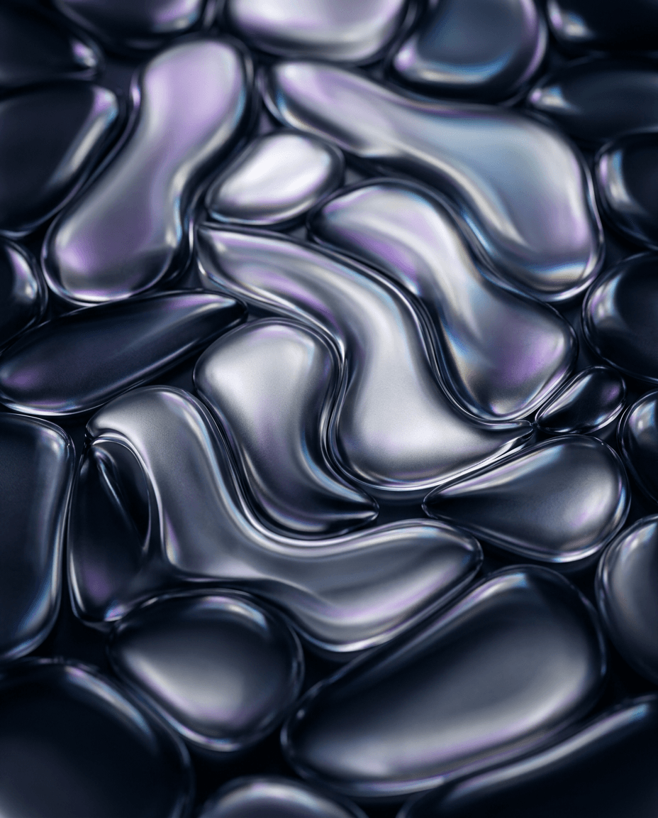 Abstract composition with smooth shapes in deep purples and blacks, featuring reflective highlights.