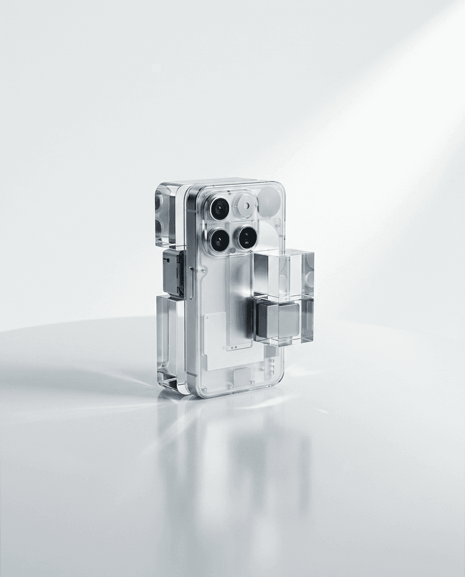 A transparent smartphone on a minimalist surface with soft light reflections.