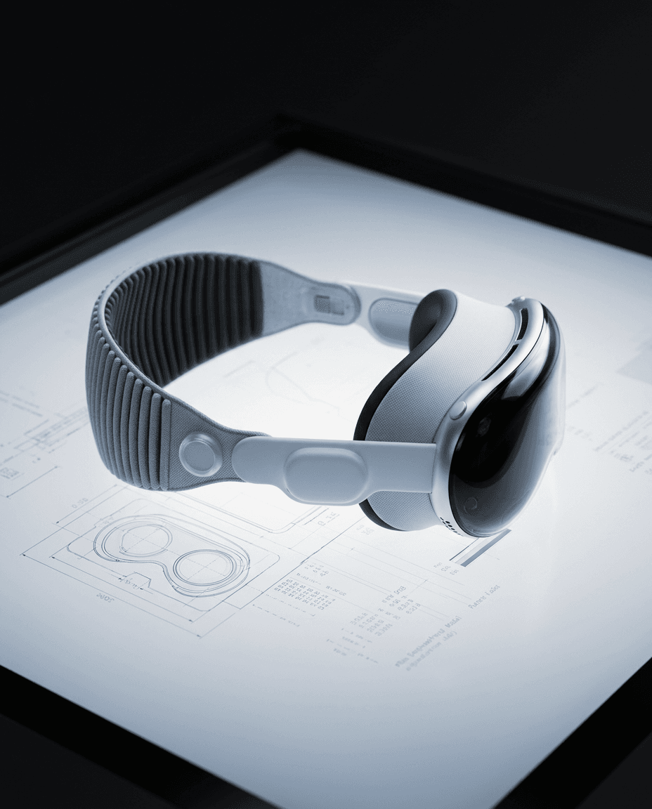 A sleek virtual reality headset illuminated against a dark background.