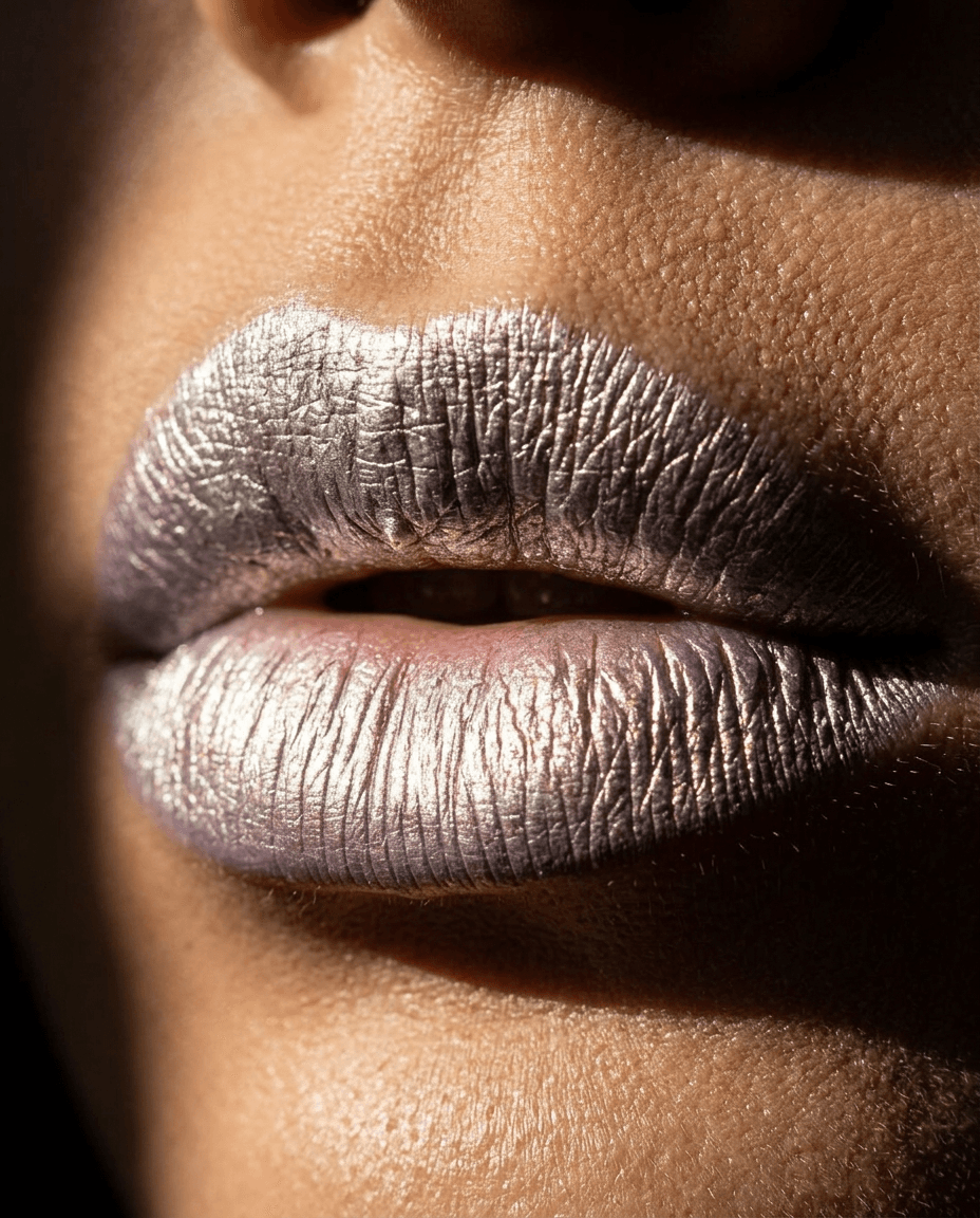 Close-up of lips with an iridescent metallic finish on warm skin.