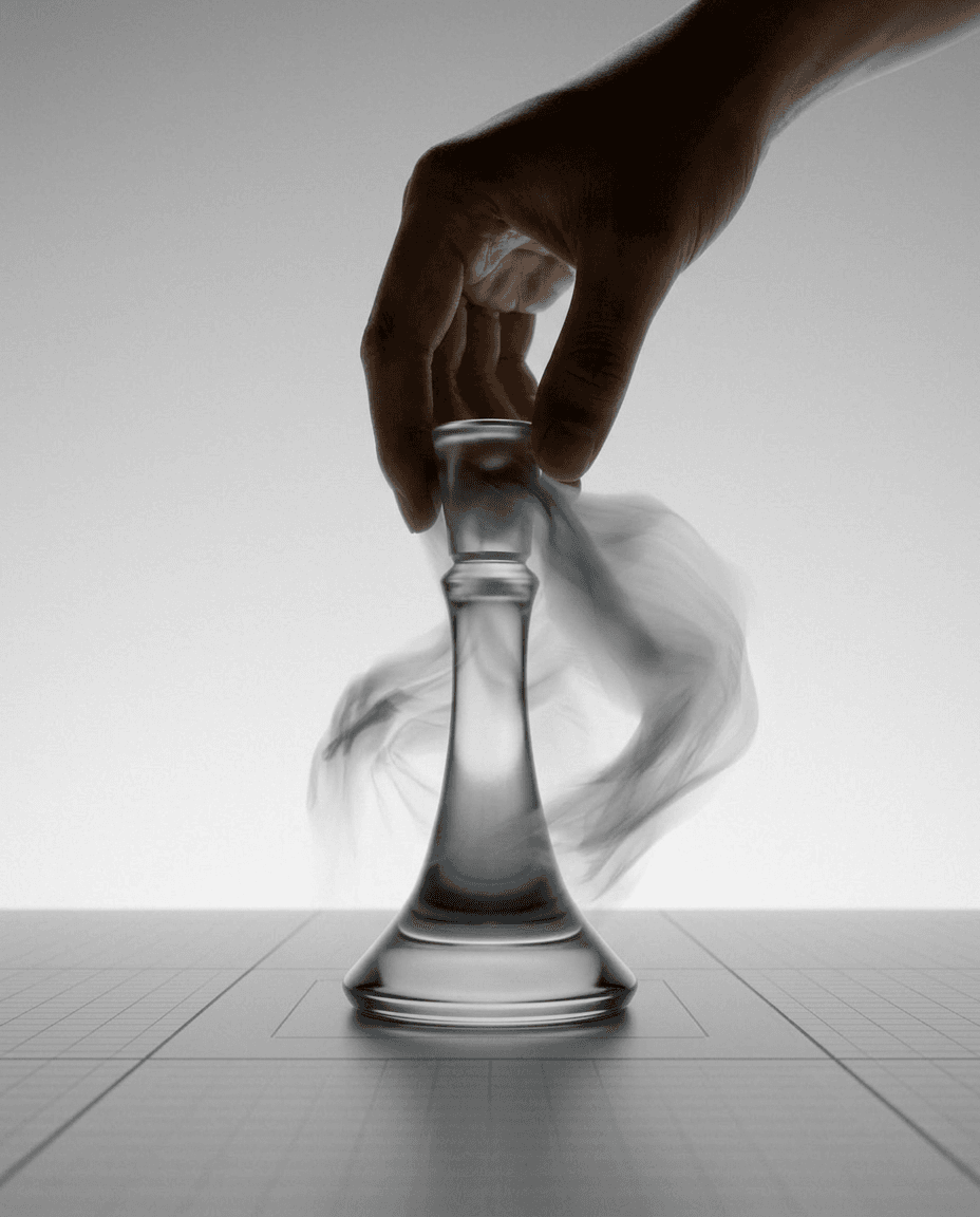 A hand lifting a translucent glass chess piece with a smoky effect behind it.