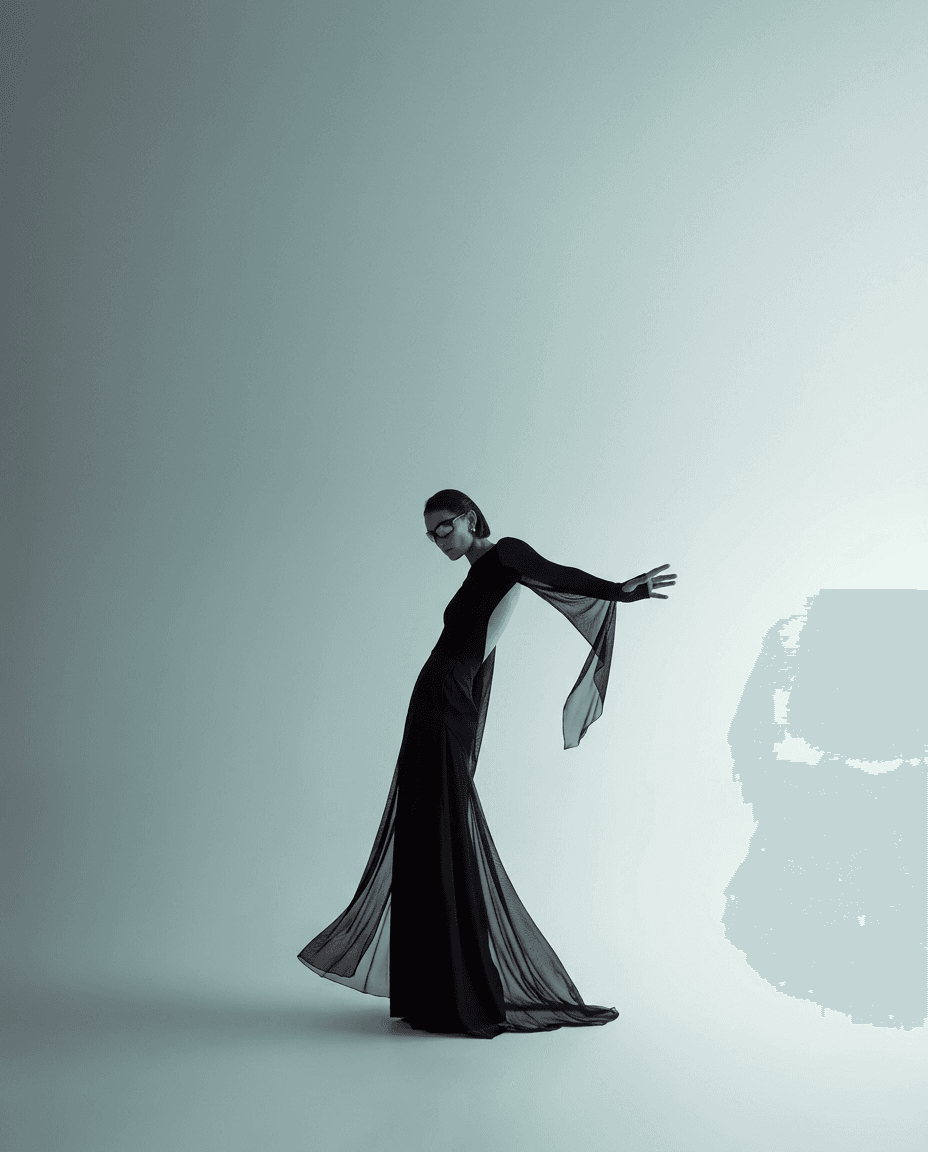 Model wearing a black gown with sheer sleeves against a light background.