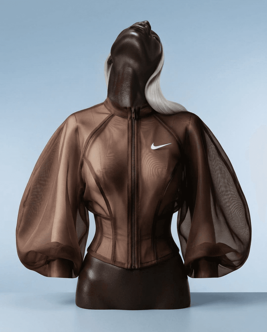 A stylish garment on a mannequin, made of sheer fabric in warm browns and soft blues.