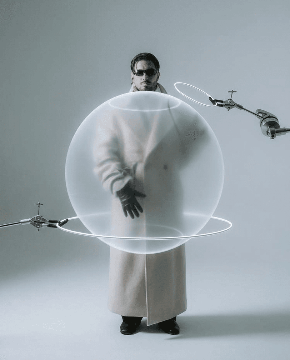 A figure in a long beige coat stands against a white backdrop with a glowing sphere and rings.