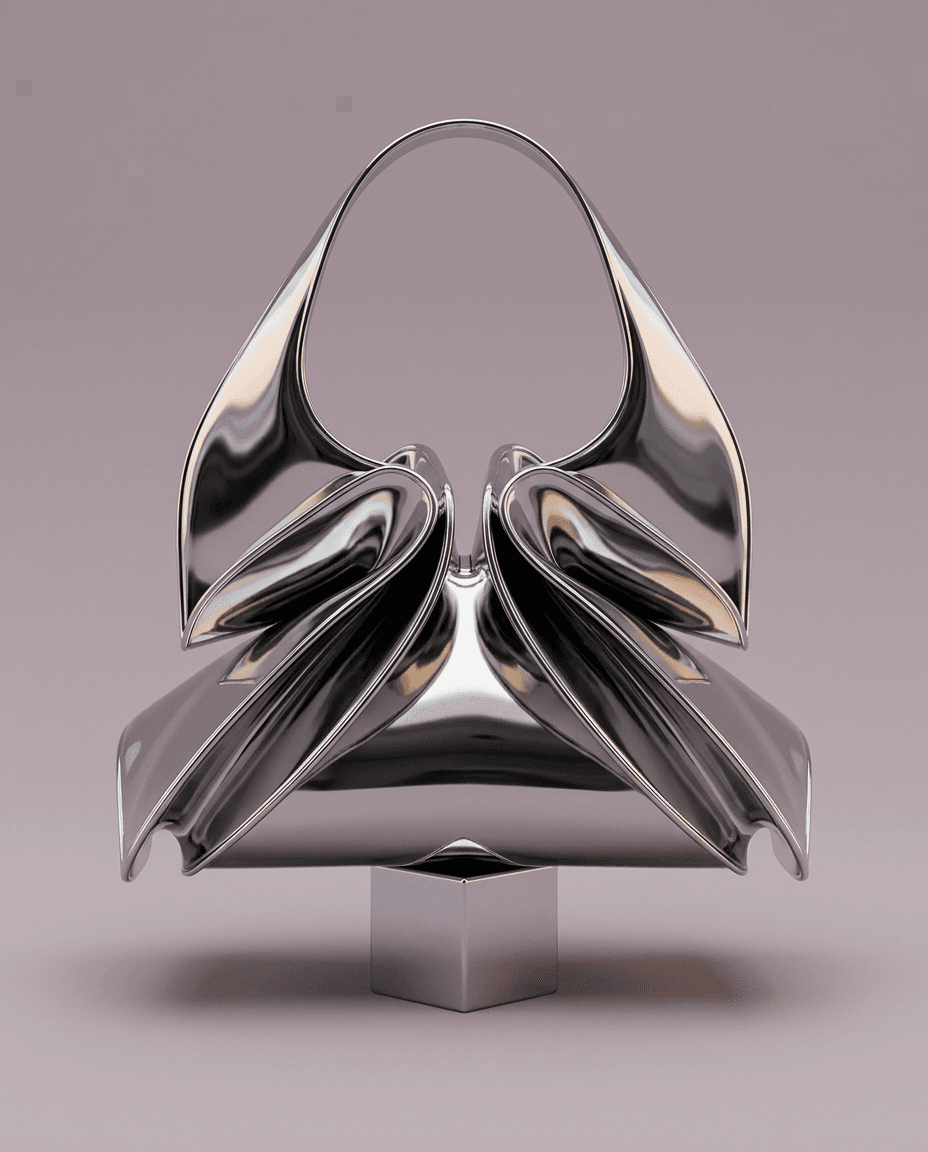 A sleek, futuristic sculpture made of reflective metal on a pastel pink background.