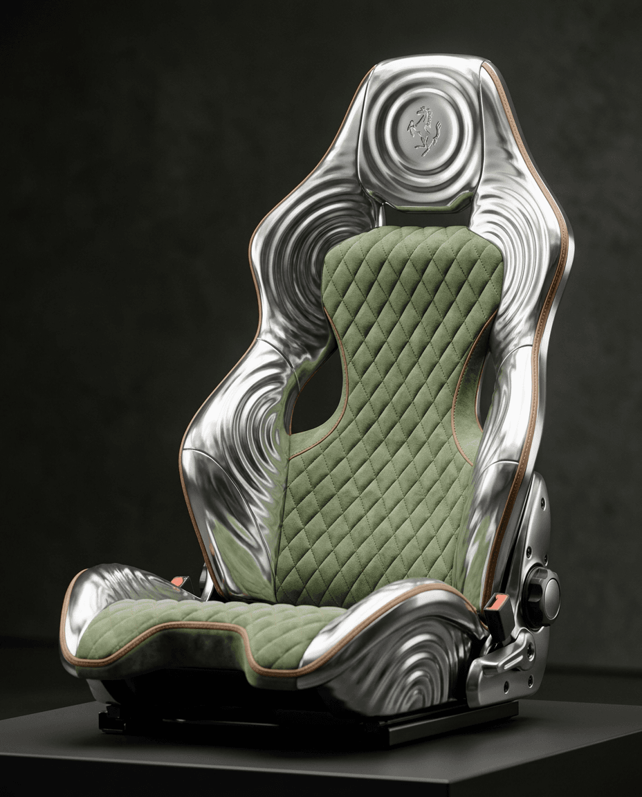 Luxury automotive seat with silver finish and green quilted upholstery on a dark background.