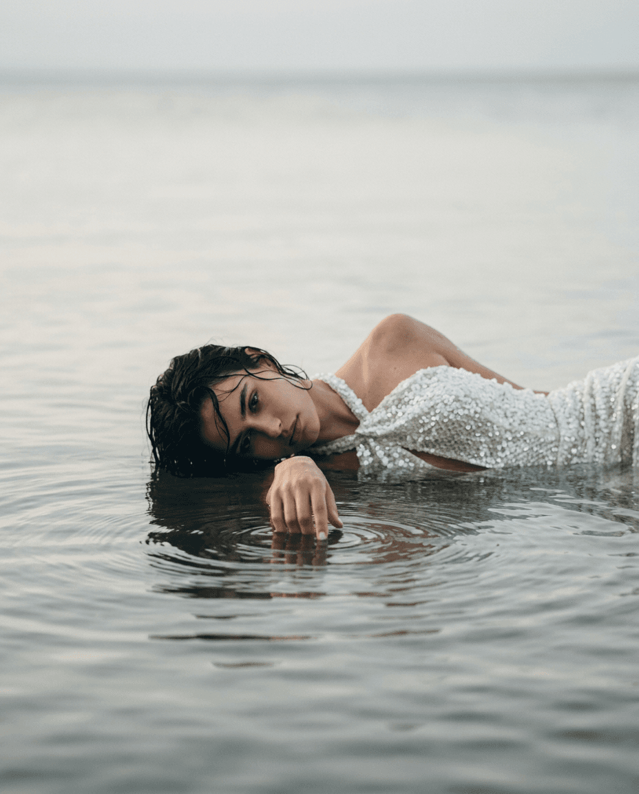 A woman in a white beaded dress lying in shallow water with gentle ripples.
