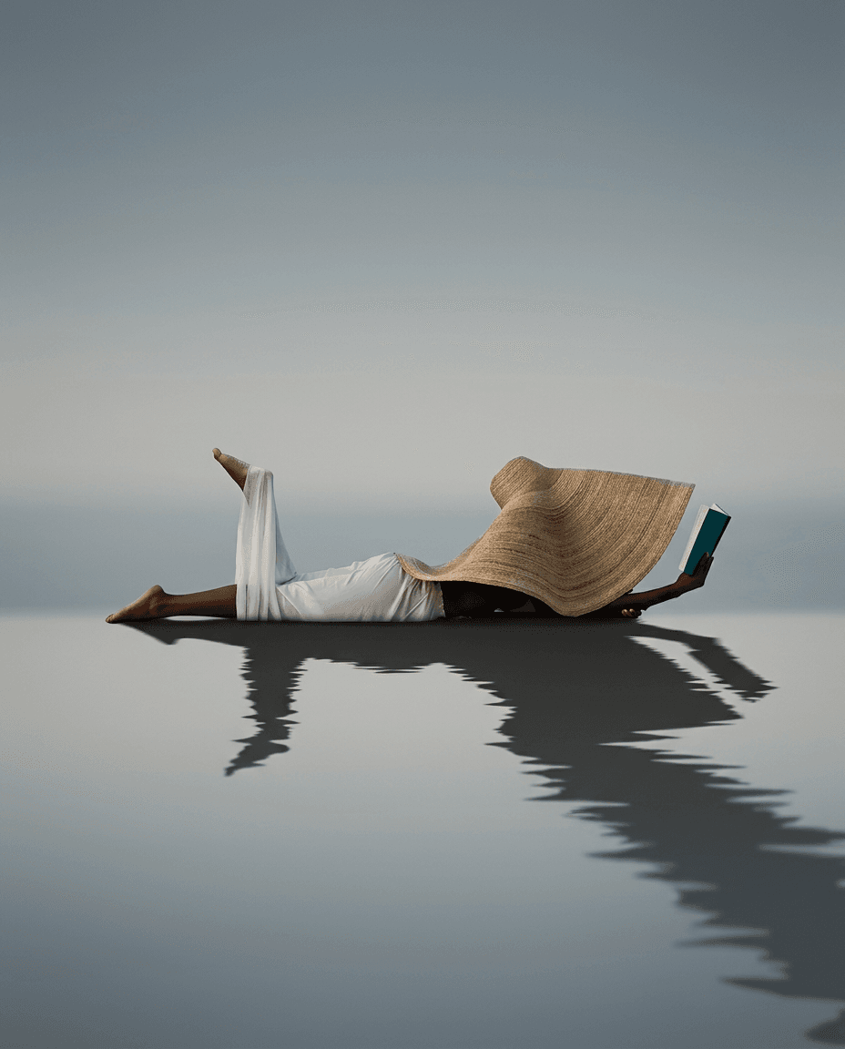 A woman in a straw hat and white dress lounging on water, reading a book.